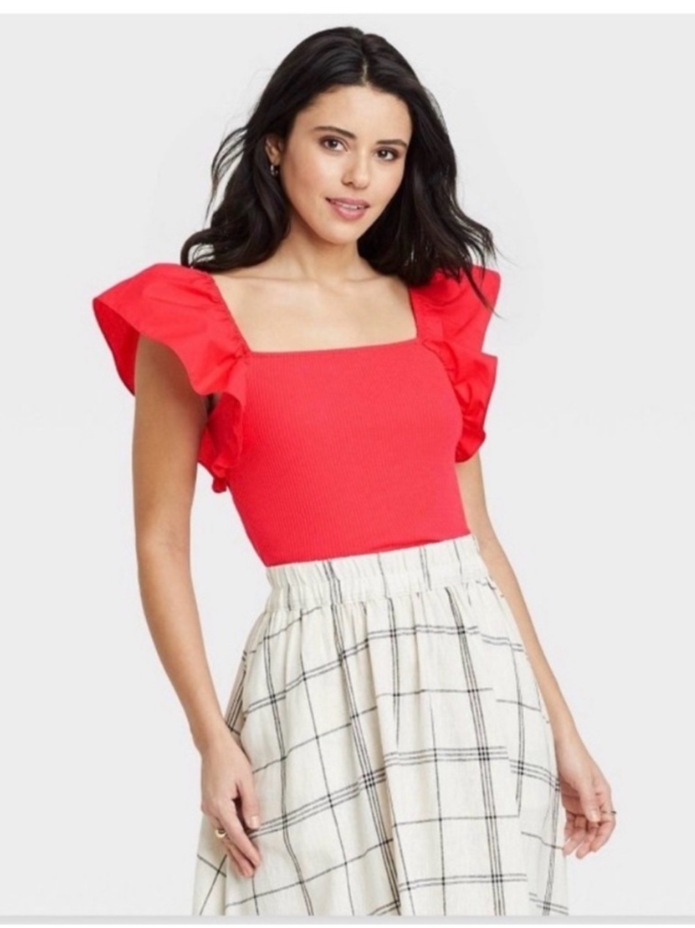 a new day Red Square-Neck Ruffle Sleeve Crop Top